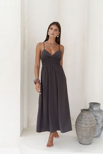 MAİ COLLECTİON Alessia Gather Detail Strappy Long Anthracite Dress