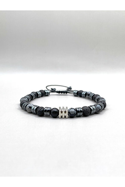 OSMANLI DEĞERLİ TAŞ Karlı Obsidyen-Hematit-Lav Taşı Doğal Taş Erkek Bilekliği