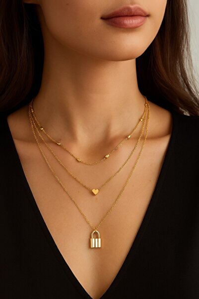 X-Lady Accessories Altın Rengi Kilit Ve Kalp Charm Katmanlı Kolye