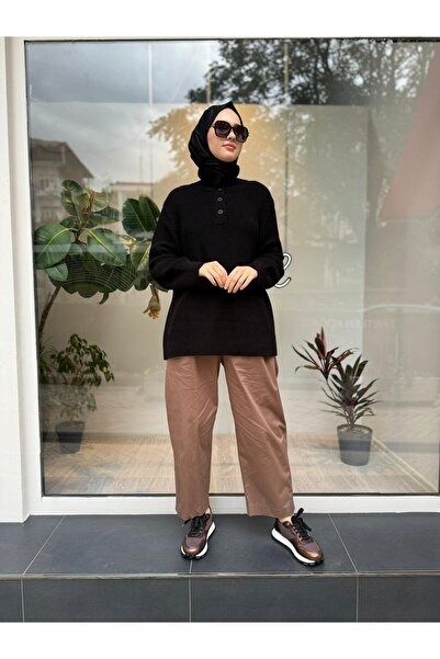 QOOQ STORE Μαύρο γυναικείο πουλόβερ - Μανίζ γιακάς και κουμπιά