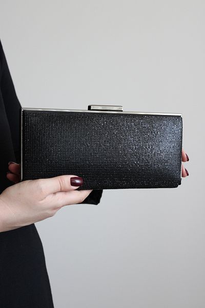 Mimoza Women's Black Evening Dress - Two-Way Stone Clutch – Chain Strap