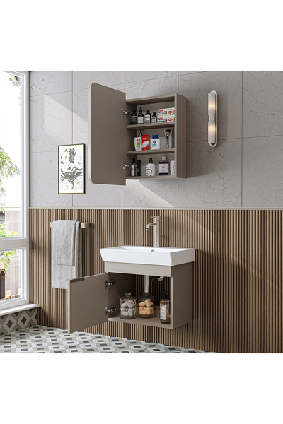 ROOMART Likya Lavabolu Banyo Dolabı Takımı, Mdflam Tek Kapaklı Lavabolu 59 Cm Banyo Alt Dolabı + Üst Dolabı