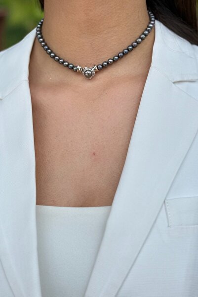 Utku Kuyumculuk 14 Ayar Özel Tasarım Kalp Kilitli Siyah Inci Kolye