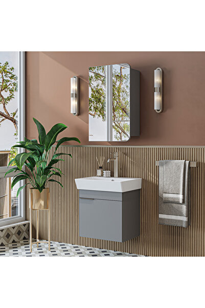 ROOMART Likya Mdflam Tek Kapaklı Lavabolu 49 Cm Banyo Dolabı + Üst Dolabı, Mini Lavabolu Banyo Dolabı Takımı