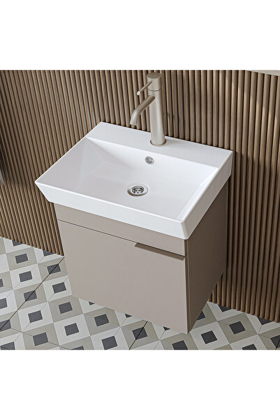 ROOMART Likya Mdflam Tek Kapaklı Lavabolu 49 Cm Banyo Dolabı + Üst Dolabı, Mini Lavabolu Banyo Dolabı Takımı