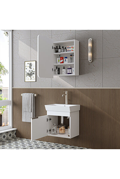 ROOMART Likya Mdflam Tek Kapaklı Lavabolu 49 Cm Banyo Dolabı + Üst Dolabı, Mini Lavabolu Banyo Dolabı Takımı