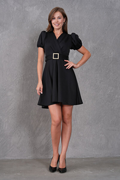 bayansepeti Black Crepe Fabric Sash Design V-Neck Balloon Sleeves Mini Dress 77125