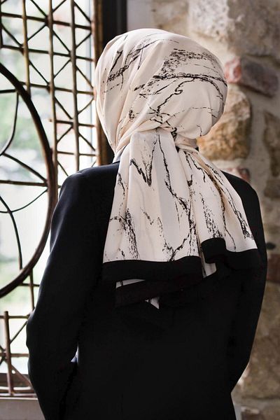 Vissona Luxury Medina Silk Marble Pattern Cream - Μαύρο Χρώμα 75x195 Χωρίς ζάρες Σάλι Moss Crepe Τύπος Ραπτικής Ιταλίας