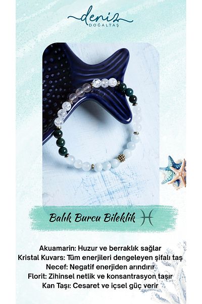 Deniz Doğal Taş Certified Pisces Natural Stone Bracelet – Aquamarine, Fluorite and More