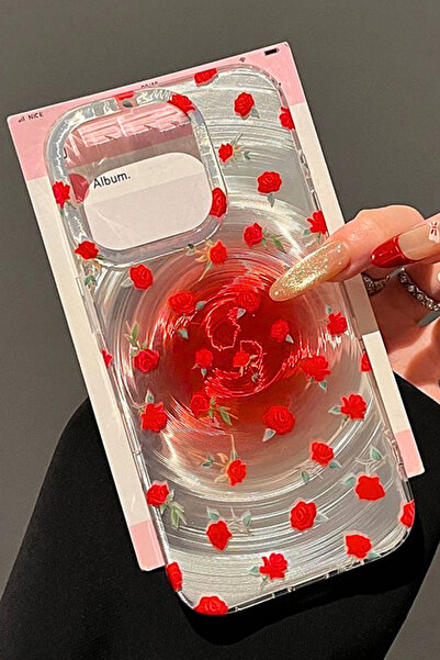 EWEC iPhone 14 Pro Max Uyumlu Kırmızı Gül Tasarımlı Hologramlı Ins Style IMD Premium Telefon Kılıfı