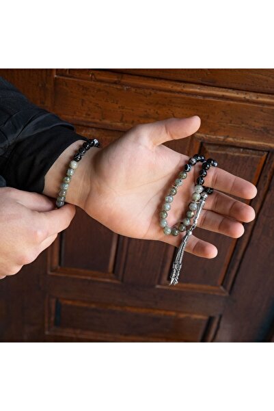 OSMANLI DOĞAL TAŞ Sertifikalı Labradorit, Göz Akik Doğal Taşlı 33'lük Tesbih ve Bileklik Takım