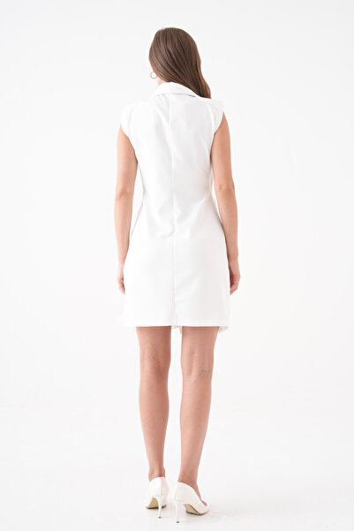 4S1B FASHION Πλισέ Φούστα και Διπλό γιακά Λευκό Βραδινό Φόρεμα - Αρραβώνας 24K2179