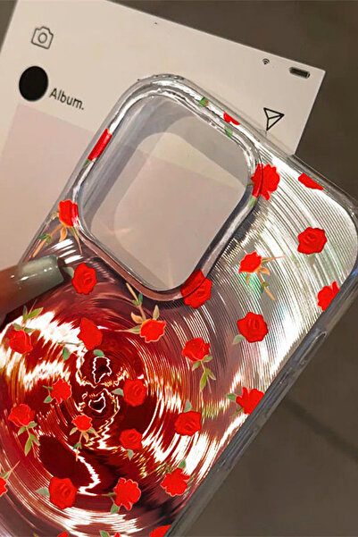EWEC iPhone 14 Pro Max Uyumlu Kırmızı Gül Tasarımlı Hologramlı Ins Style IMD Premium Telefon Kılıfı