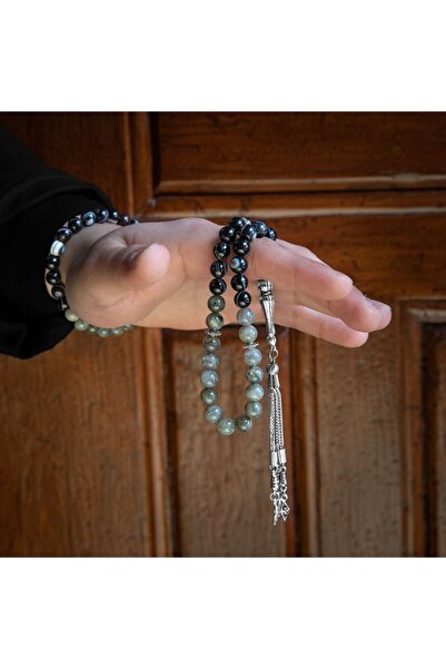 OSMANLI DOĞAL TAŞ Sertifikalı Labradorit, Göz Akik Doğal Taşlı 33'lük Tesbih ve Bileklik Takım