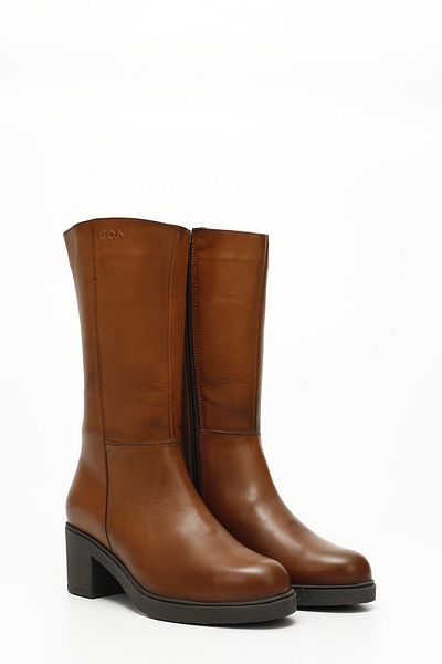 GÖNDERİ(R) Women/Girls Tan Antique Zippered Thick Heeled Genuine Leather Boots