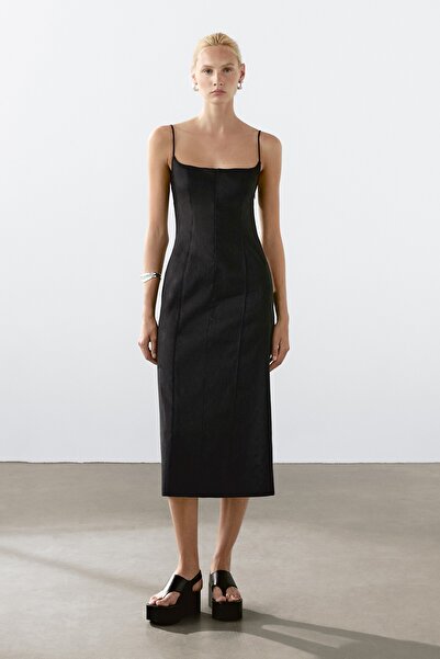 Massimo Dutti Askılı keten midi elbise