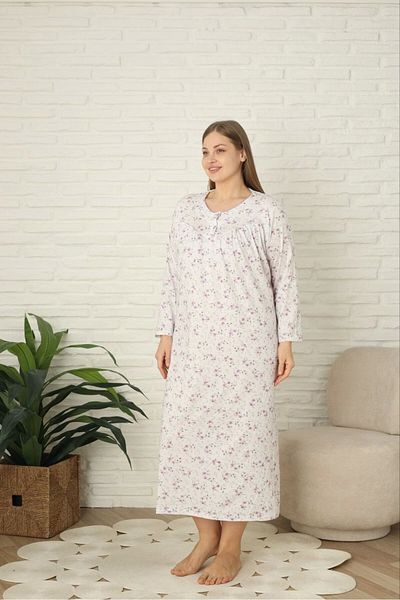 Erdenay Tekstil Long Sleeve Floral Patterned Combed Cotton Mother Nightgown