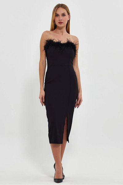 Lava Butik Μαύρο βελούδινο βραδινό φόρεμα με λεπτομέρεια μαύρο φόρεμα με σκίσιμο