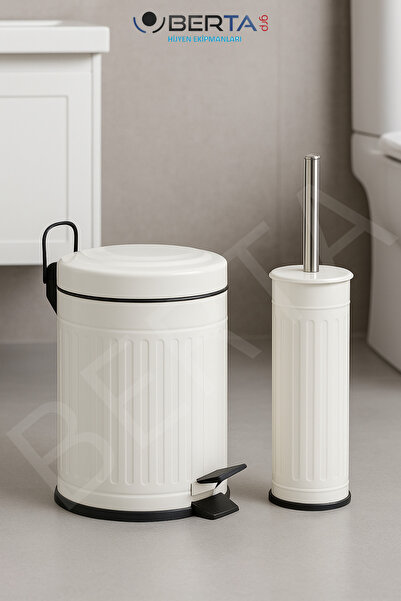 Berta Hijyen Vintage Banyo Seti Beyaz Çöp Kovası 5lt Tuvalet Fırçası Lüks Model