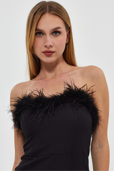 Lava Butik Μαύρο βελούδινο βραδινό φόρεμα με λεπτομέρεια μαύρο φόρεμα με σκίσιμο