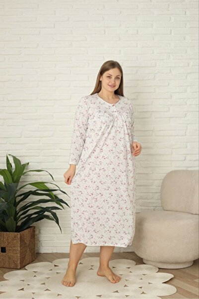Erdenay Tekstil Long Sleeve Floral Patterned Combed Cotton Mother Nightgown