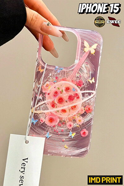 EWEC iPhone 15 Uyumlu Pembe Gül ve Kelebekli Rose Planet Hologramlı IMD Premi...