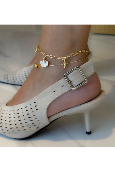 OLEN Women's Steel Anklet Set of 2 – Seashell, Pearl and Heart Detail