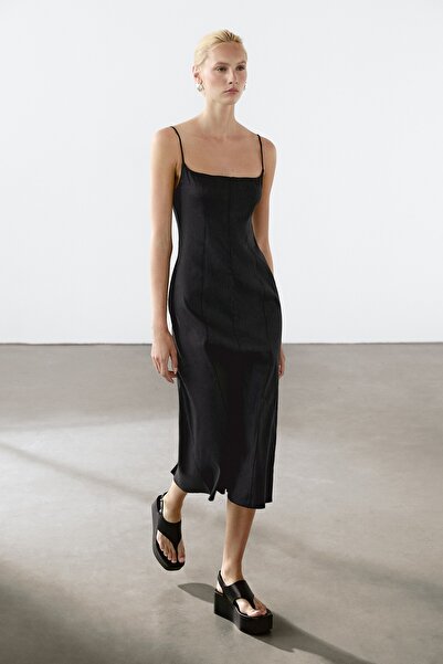 Massimo Dutti Askılı keten midi elbise