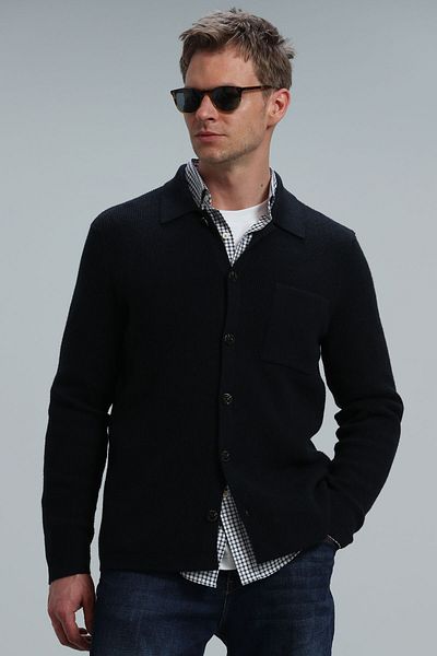 Lufian Solid Men's Cardigan Navy Blue
