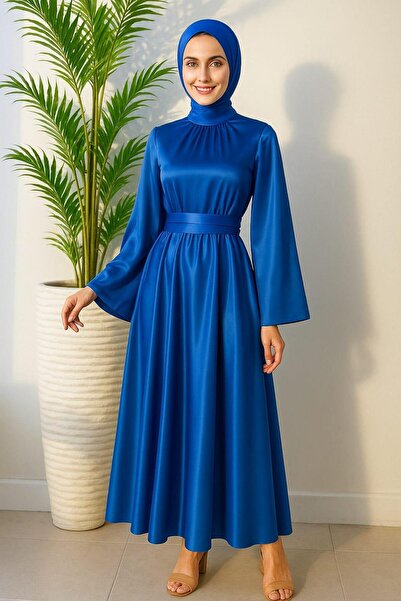 Modafeminen İspanyol Kol Beli Dolamalı Saten Abiye Elbise Saks 583163