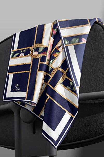 Vissona 100% Twill Silk Strips Ζώνη και μοτίβο λουλουδιών Navy Blue - Κρεμ Χρώμα 90x90 Φουλάρι Σχήμα φύτευσης:
