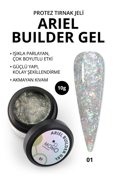 MOMO professional Ariel Builder Gel, Nail Art için Protez Tırnak Jeli No.01, Şeffaf Holografik Yeşil Sarı Simli, 10 gr