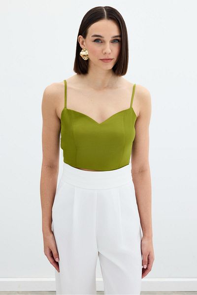 Sateen Oil Green Satin Crop Blouse - Rope Strap