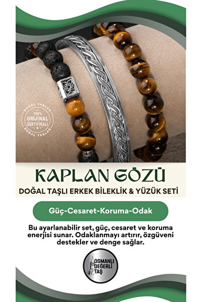 OSMANLI DOĞAL TAŞ Sertifikalı 925 Ayar Gümüş Kaplan Gözü Doğal Taşlı Erkek Bi...