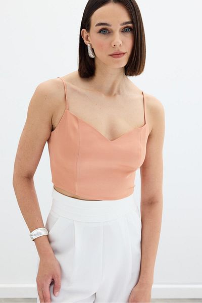 Sateen Bluză crop din satin cu curea de frânghie - somon