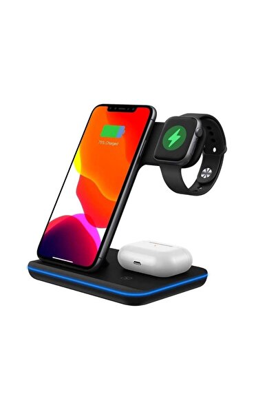 HZL 3-1 Arada 20W Hızlı Şarj Kablosuz Wireless LED Işıklı Iphone Apple Watch Airpods Şarj Stand Cihazı