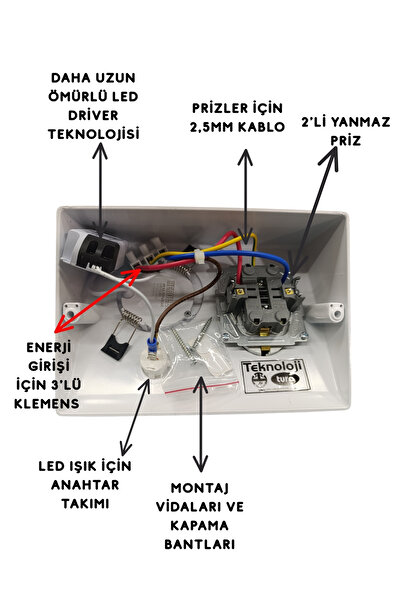 TEKNOLOJİ ELEKTRİK Dolap Tezgah Altı 2'li Priz Ve 3 Watt Anahtarlı Led Spot Aydınlatma (FÜME KASA) Işık Ve Akıllı Priz