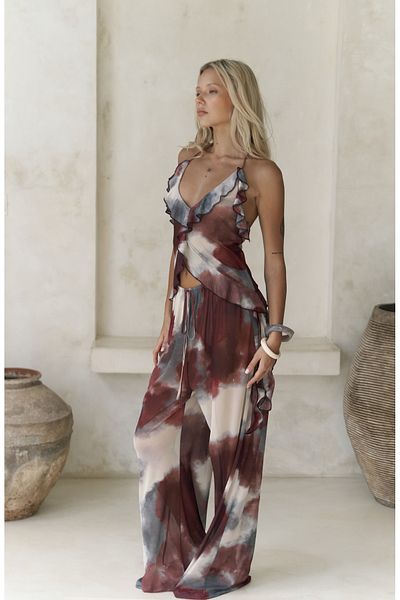 BOHEMAİ Sulliven Ruffle Detail Burgundy Crop Pants Set