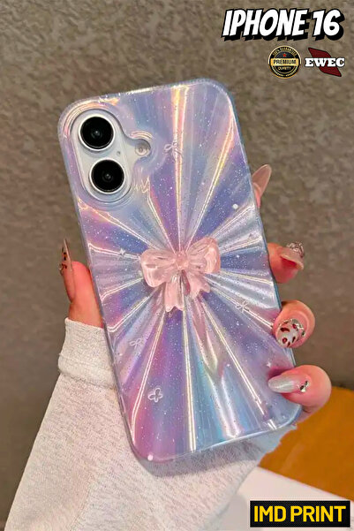 iPhone 16 Compatible Pink Bow and Northern Lights Themed Hologram IMD Premium Phone Case