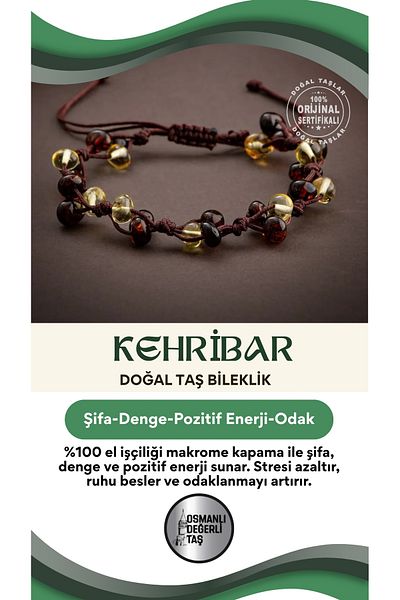 OSMANLI DOĞAL TAŞ Certified Amber Natural Cut Macrame Closure 100% Handcrafted Natural Stone Bracelet