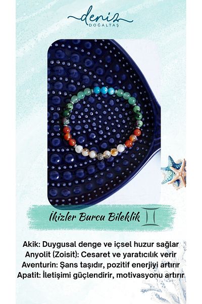Deniz Doğal Taş Certified Citrine, Agate, Aniolite, Aventurine, Apatite Gemini Sign Bracelet