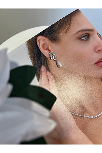 VİYA Peony Kadın Incili Gümüş Renk Zirkon Taşlı Abiye Düğün Nişan Söz Parti Davet Hediye Küpe