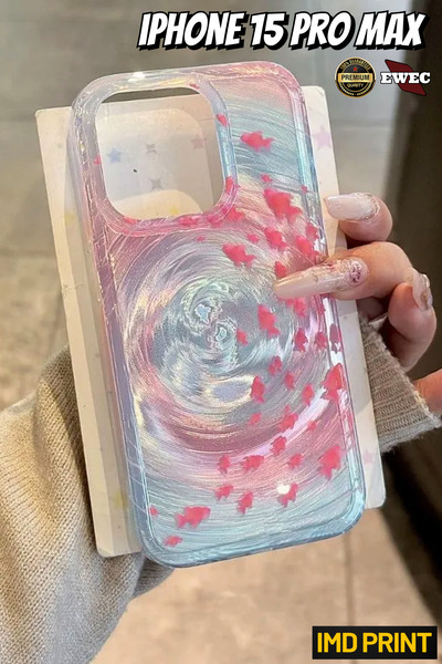 EWEC İphone 15 Pro Max Uyumlu Pembe Balıklı Girdap Tasarım Hologram Ins Style...