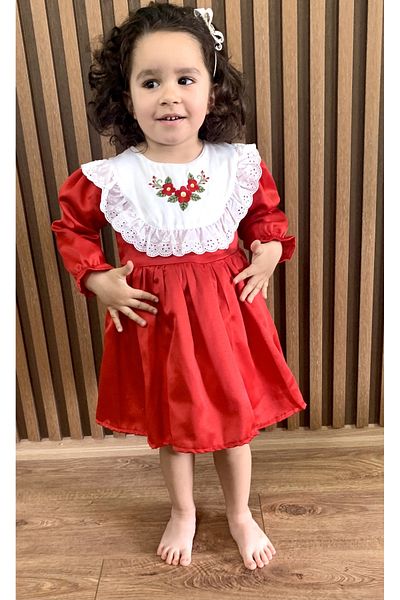 minikiti Red White Long Sleeve Scalloped Embroidered Vintage Girl's Dress Eid Birthday Special Occasion Dress