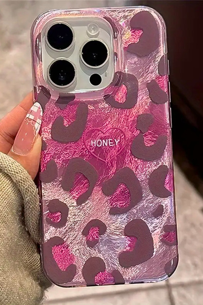 EWEC iPhone 15 Pro Uyumlu Pembe Leopar Desenli Hologramlı Ins Style IMD Premium Telefon Kılıfı