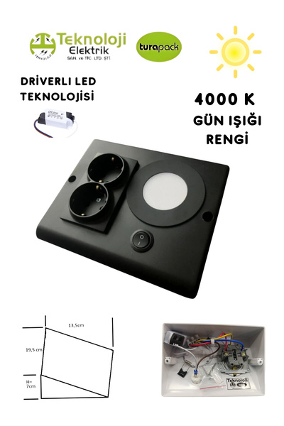 TEKNOLOJİ ELEKTRİK Dolap Tezgah Altı 2'li Priz Ve 3 Watt Anahtarlı Led Spot Aydınlatma (SİYAH KASA) Işık Ve Akıllı Priz