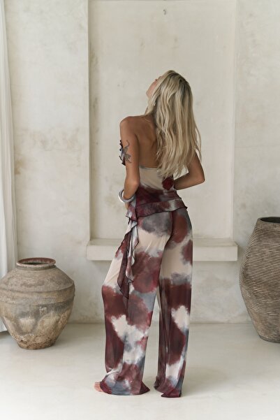 BOHEMAİ Sulliven Ruffle Detail Burgundy Crop Pants Set