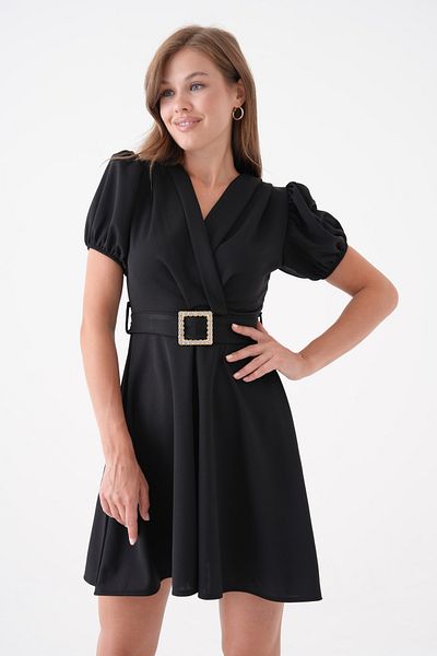 lovebox Women's Crepe Fabric Sash Detailed V-Neck Balloon Sleeve Black Mini Evening Dress 77125