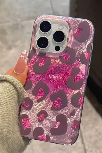 EWEC İphone 16 Uyumlu Pembe Leopar Desenli Hologramlı Ins Style Imd Premium Telefon Kılıfı