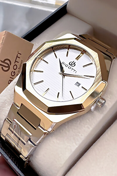 Bigotti Özel Kutulu 5 ATM Su Geçirmez Erkek Kol Saati Gold Renk Çelik Kordon + Hediye Bileklik BME2023C1